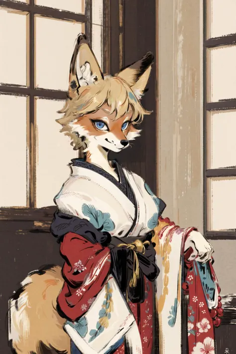 masterpiece,highres,furry fox girl,solo,blonde,japanese clothes, 
looking at viewer,