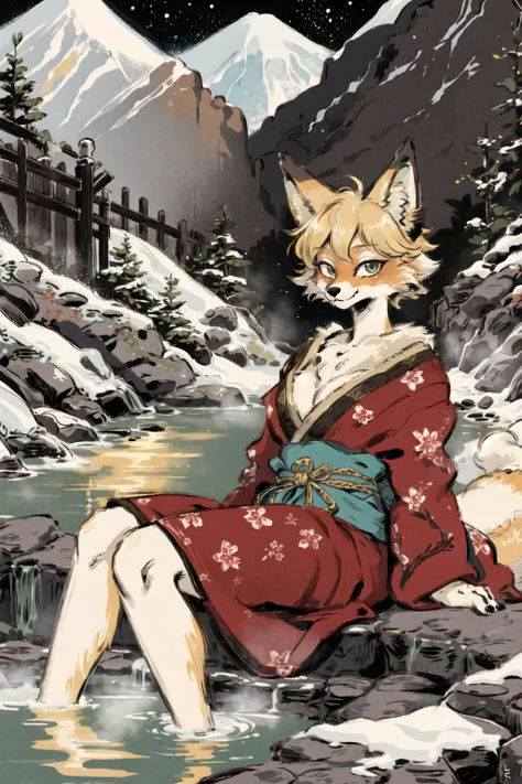 masterpiece,highres,furry fox girl,solo,blonde,japanese clothes,  hot spring
looking at viewer,