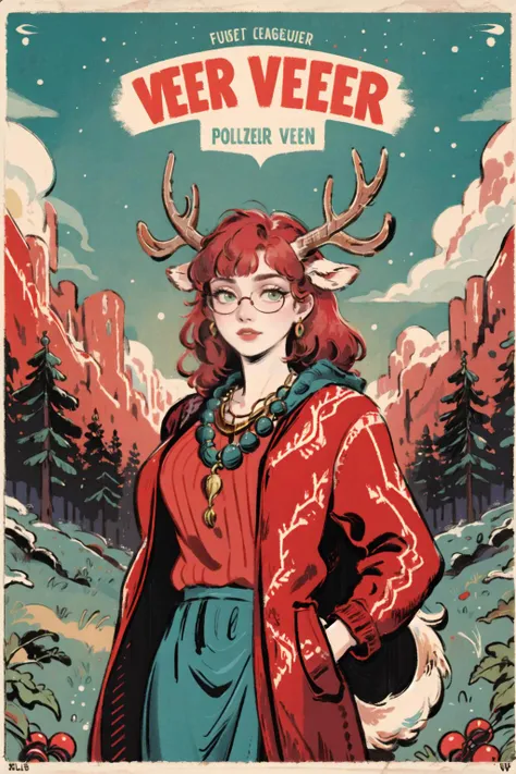 best quality,masterpiece,hires,realistic, high detail,forest
1girl,red glasses,((red hair)),green eyes,long straight hair,blunt bangs,(red Sweater coat:1.2),(Beads necklace),((antler)),(bluegreen skirt),
movie poster
<lora:æé¨ä¼å:1> <lora:RetroMoviePoster-000006:0.3>