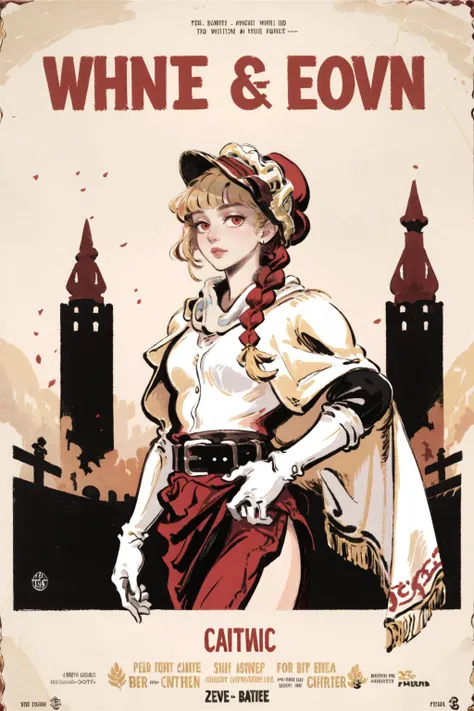 solo,blonde,red eyes,(Double braid:1.2),blunt bangs
(maroon Western skirt),(white glove:1.2),((short shawl)),leather belt,(red classical bonnet),
movie poster
<lora:æé¨ä¼å:1> <lora:RetroMoviePoster-000006:0.3>