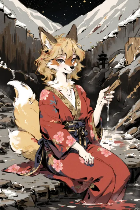 masterpiece,highres,furry fox girl,solo,blonde,japanese clothes,  hot spring
looking at viewer,