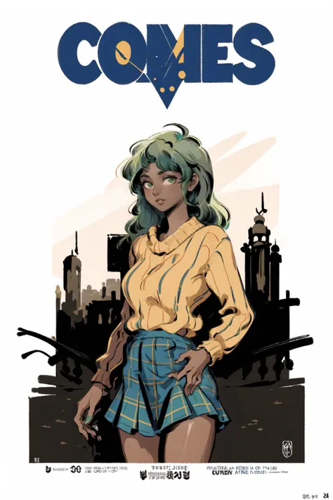 masterpiece,best quality, hires,4k, masterpiece,cowboy shot,retro artstyle,
1girl,solo,(green hair:1.4),very long curly hair,(dark tan skin:1.3),(yellow sweater),( blue yellow tartan skirt),
looking at viewer,white background,
movie poster
<lora:æé¨ä¼å:1> <lora:RetroMoviePoster-000006:0.3>