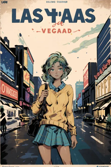 masterpiece,best quality, hires,4k, masterpiece,las vegas, 
1girl,solo,(green hair:1.4),very long curly hair,(dark tan skin:1.3),(yellow sweater),( blue yellow tartan skirt),
movie poster
<lora:æé¨ä¼å:1> <lora:RetroMoviePoster-000006:0.3>