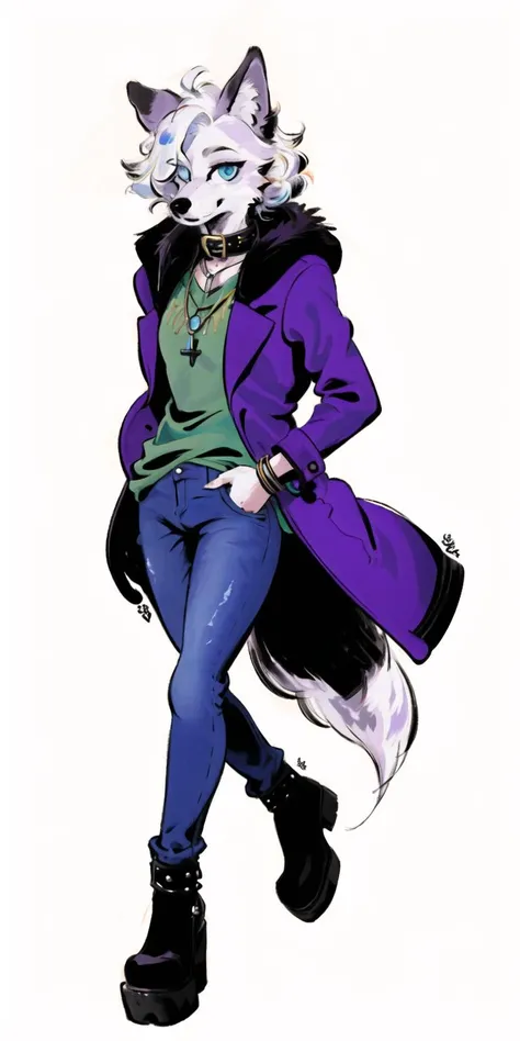 wolf furry girl,white hair,hair over one eye,blue eyes,high detail eyes,full body, 
solo,(purple overcoat:1.2),green t-shirt,punk collar,bracelet,metal corss necklace,Jeans
(white background:1.1)masterpiece,highres,8k,(sharp:1.15)