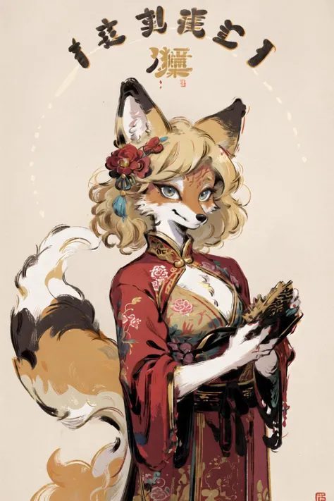 masterpiece,highres,furry fox girl,solo,blonde,chinese dress, hair ornament, anicent china
looking at viewer,