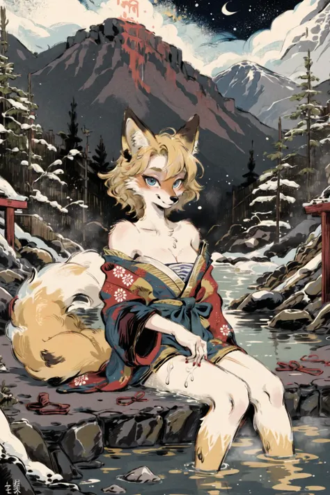 masterpiece,highres,furry fox girl,solo,blonde,japanese clothes,  hot spring
looking at viewer,