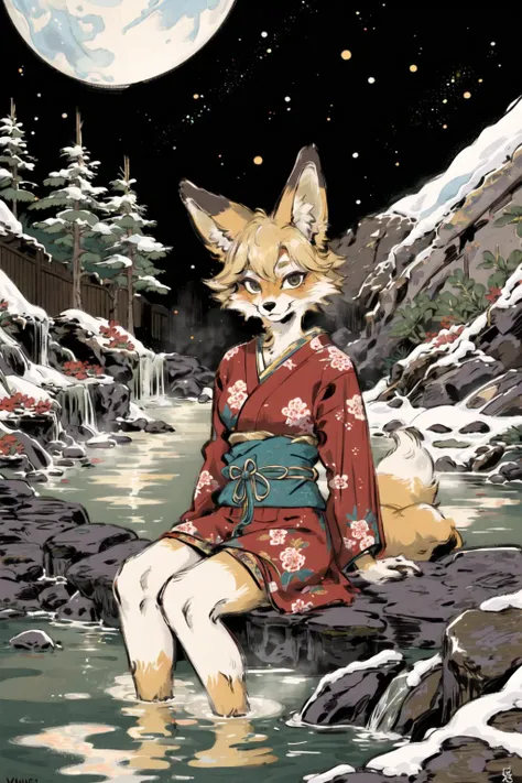 masterpiece,highres,furry fox girl,solo,blonde,japanese clothes,  hot spring
looking at viewer,