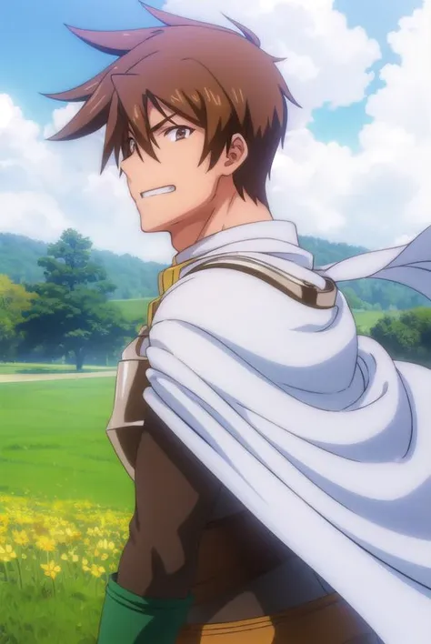 rance, <lora:rance-lora-nochekaiser:1>,
rance, brown hair, (brown eyes:1.5), male focus, smile, grin,
BREAK cape, armor, bodysuit, green bodysuit,
BREAK outdoors, forest, nature, sun, sky, clouds,
BREAK looking at viewer, (cowboy shot:1.5),
BREAK <lyco:GoodHands-beta2:1>, (masterpiece:1.2), best quality, high resolution, unity 8k wallpaper, (illustration:0.8), (beautiful detailed eyes:1.6), extremely detailed face, perfect lighting, extremely detailed CG, (perfect hands, perfect anatomy),