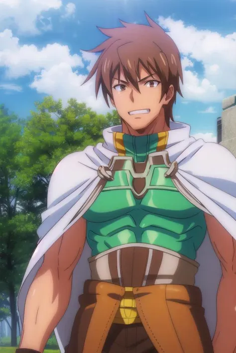 rance, <lora:rance-lora-nochekaiser:1>,
rance, brown hair, (brown eyes:1.5), male focus, smile, grin,
BREAK cape, armor, bodysuit, green bodysuit,
BREAK outdoors, forest, nature, sun, sky, clouds,
BREAK looking at viewer, (cowboy shot:1.5),
BREAK <lyco:GoodHands-beta2:1>, (masterpiece:1.2), best quality, high resolution, unity 8k wallpaper, (illustration:0.8), (beautiful detailed eyes:1.6), extremely detailed face, perfect lighting, extremely detailed CG, (perfect hands, perfect anatomy),