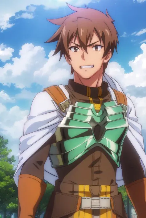 rance, <lora:rance-lora-nochekaiser:1>,
rance, brown hair, (brown eyes:1.5), male focus, smile, grin,
BREAK cape, armor, bodysuit, green bodysuit,
BREAK outdoors, forest, nature, sun, sky, clouds,
BREAK looking at viewer, (cowboy shot:1.5),
BREAK <lyco:GoodHands-beta2:1>, (masterpiece:1.2), best quality, high resolution, unity 8k wallpaper, (illustration:0.8), (beautiful detailed eyes:1.6), extremely detailed face, perfect lighting, extremely detailed CG, (perfect hands, perfect anatomy),