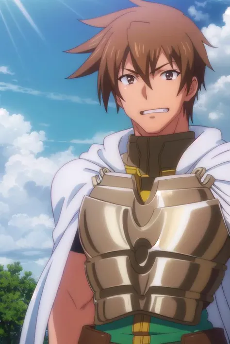 rance, <lora:rance-lora-nochekaiser:1>,
rance, brown hair, (brown eyes:1.5), male focus, smile, grin,
BREAK cape, armor, bodysuit, green bodysuit,
BREAK outdoors, forest, nature, sun, sky, clouds,
BREAK looking at viewer, (cowboy shot:1.5),
BREAK <lyco:GoodHands-beta2:1>, (masterpiece:1.2), best quality, high resolution, unity 8k wallpaper, (illustration:0.8), (beautiful detailed eyes:1.6), extremely detailed face, perfect lighting, extremely detailed CG, (perfect hands, perfect anatomy),