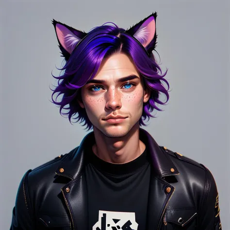 aszkstzz, freckles, animal ears, solo, male focus, 1boy, purple hair, cat ears, jacket, realistic, grey background, blue eyes, looking at viewer, simple background, lips, black jacket, short hair, upper body, black shirt, portrait, score_9, score_8_up, score_7_up, score_6_up, score_5_up, score_4_up