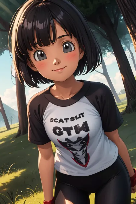 pan,1girl,solo,blush,short hair,bob cut,bangs,blunt bangs,black hair,black eyes,child,
t-shirt,grey shirt,white shirt,raglan sleeves,short sleeves,print shirt,black leggings,
smile,closed mouth,cowboy shot,
forest,outdoor,
(insanely detailed, beautiful detailed face, masterpiece, best quality) cinematic lighting,<lora:DBS_Pan_v2:1>, <lora:more_details:0.3>