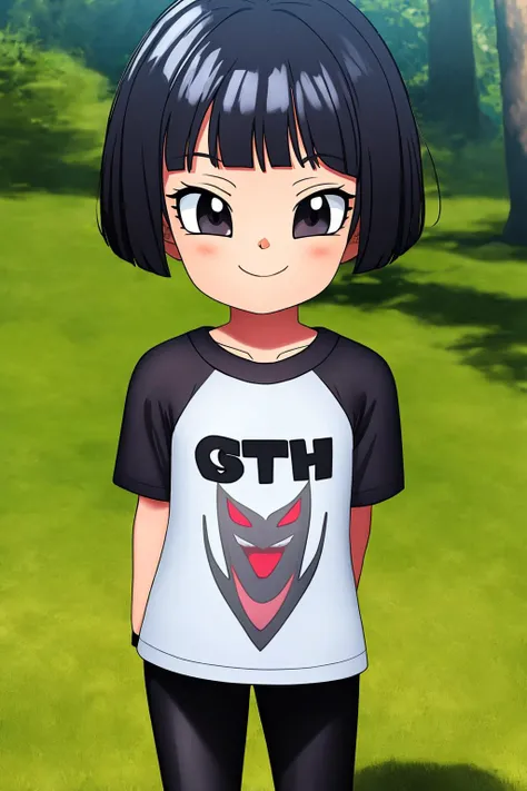 pan,1girl,solo,short hair,bob cut,bangs,blunt bangs,black hair,black eyes,child,
t-shirt,grey shirt,white shirt,raglan sleeves,short sleeves,print shirt,black leggings,
smile,closed mouth,cowboy shot,
forest,outdoor,
(insanely detailed, beautiful detailed face, masterpiece, best quality) cinematic lighting,<lora:DBS_Pan_v2:1>, <lora:more_details:0.3>