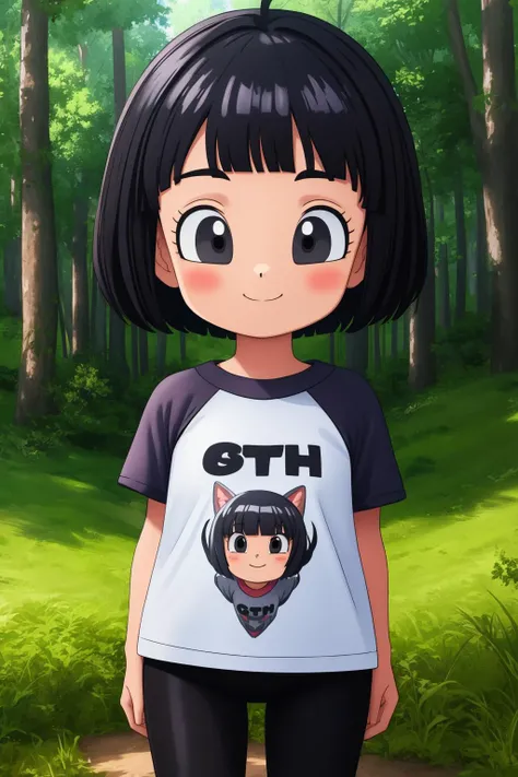 pan,1girl,solo,short hair,bob cut,bangs,blunt bangs,black hair,black eyes,child,
t-shirt,grey shirt,white shirt,raglan sleeves,short sleeves,print shirt,black leggings,
smile,closed mouth,cowboy shot,
forest,outdoor,
(insanely detailed, beautiful detailed face, masterpiece, best quality) cinematic lighting,<lora:DBS_Pan_v2:1>, <lora:more_details:0.3>