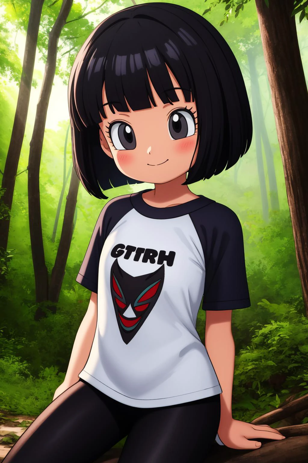 pan,1girl,solo,short hair,bob cut,bangs,blunt bangs,black hair,black eyes,child,
t-shirt,grey shirt,white shirt,raglan sleeves,short sleeves,print shirt,black leggings,
smile,closed mouth,cowboy shot,sitting,
forest,outdoor,
(insanely detailed, beautiful detailed face, masterpiece, best quality) cinematic lighting,<lora:DBS_Pan_v2:1>, <lora:more_details:0.3>