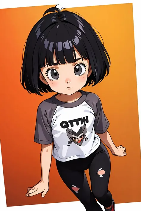 (masterpiece, best quality), 1girl,    <lora:DBS_Pan_v2:0.8> pan,1girl,solo,short hair,bob cut,bangs,blunt bangs,black hair,black eyes,child,, t-shirt,grey shirt,white shirt,raglan sleeves,short sleeves,print shirt,black leggings,