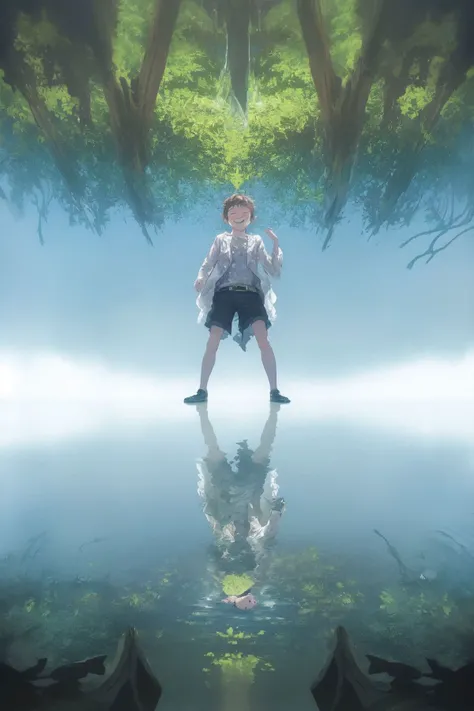 solo, 1boy, looking up, smile, sidelighting, The Forest of Mirrors: A place where reality is distorted and nothing is as it seems <lora:Granblue_Fantasy_style_v01:1>