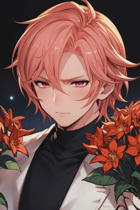 portrait, solo, 1boy, pain, pink hair, night, Celosia \(flower\), floral background <lora:Granblue_Fantasy_style_v02.04:1>