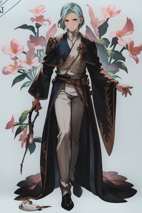 full body, solo, 1boy, wince, light blue hair, frontlighting, Tailflowers \(flower\), floral background <lora:Granblue_Fantasy_style_v02.04:1>