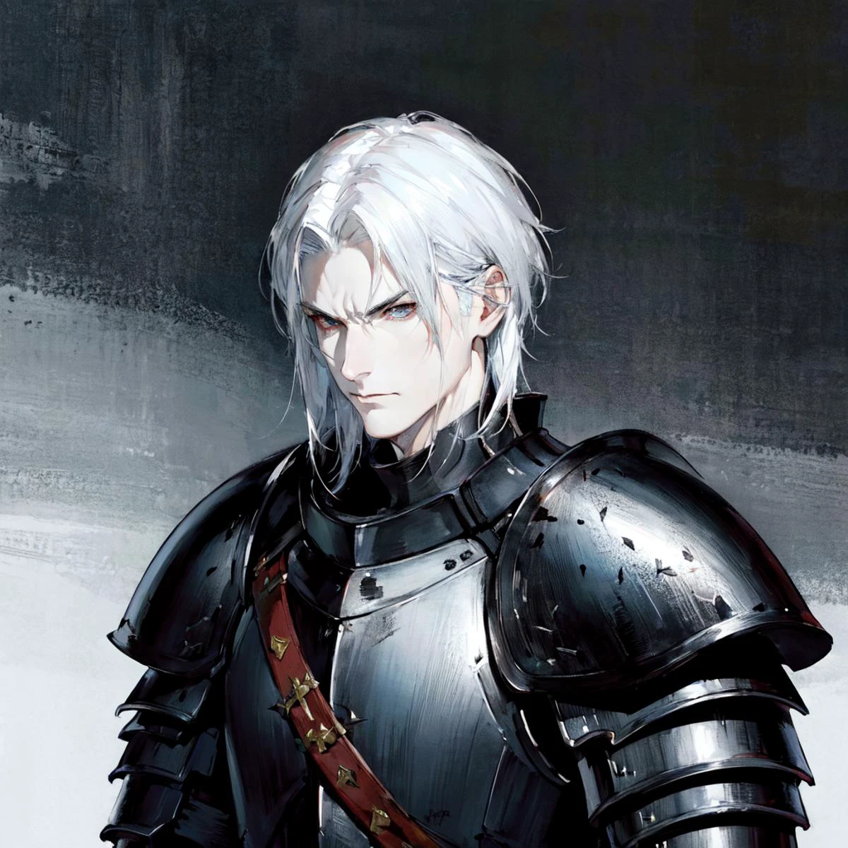 (masterpiece, high quality, highres,Highest picture quality), Best_QualityPos, solo, 1man, man, black armor,black knight, medieval fantasy armor, dark warrior, sharp facial features, sharp chin, white hair, (angry facial expression:0.7), rough, <lora:Granblue_Fantasy_style_v02.04:0.4>, (extremely pale skin:1.2)