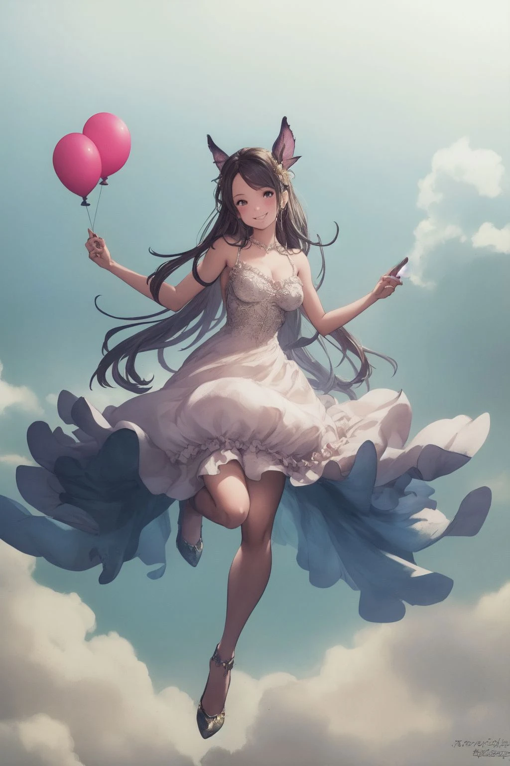 portrait, solo, 1girl, looking at viewer, smile, medium breasts, Balloon_Dress - A balloon dress refers to a dress with a hemline turned inwards so that the bottom edge looks like a blown up balloon., foggy atmosphere, Fairyland: A place where fairies and other magical creatures live <lora:Granblue_Fantasy_style_v01:1>