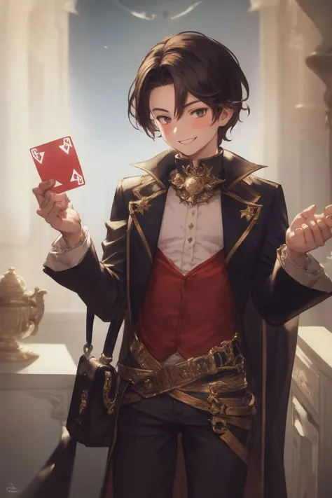 solo, 1boy, looking to the side, smile, glttering light, Wonderland: A wild and fantastical place, ruled by the Queen of Hearts <lora:Granblue_Fantasy_style_v01:1>