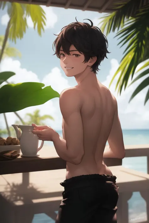 solo, 1boy, looking to the side, smile, backlighting, A tropical paradise where the sun shines brightly every day <lora:Granblue_Fantasy_style_v01:1>