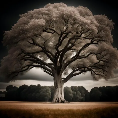photo A large Tree stands in the center of a field (TreePhoto style:1) <lora:djzTreePhoto:0.8)