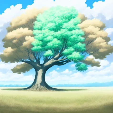 anime A large Tree stands in the center of a field (TreePhoto style:1) <lora:djzTreePhoto:0.8)