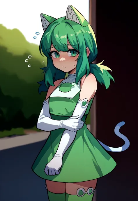 score_9, score_8_up, score_7_up, source_anime, 1girl, adchan, shy, looking at viewer, hand on own arm, flying sweatdrops, green hair, cat ears, low twintails, white and green dress, elbow gloves, white gloves, green thighhighs, tail, outdoors <lora:androidchan-pdxl-nvwls-v1:0.9> <lora:pose_handonownarm_ponyXL:1.1>