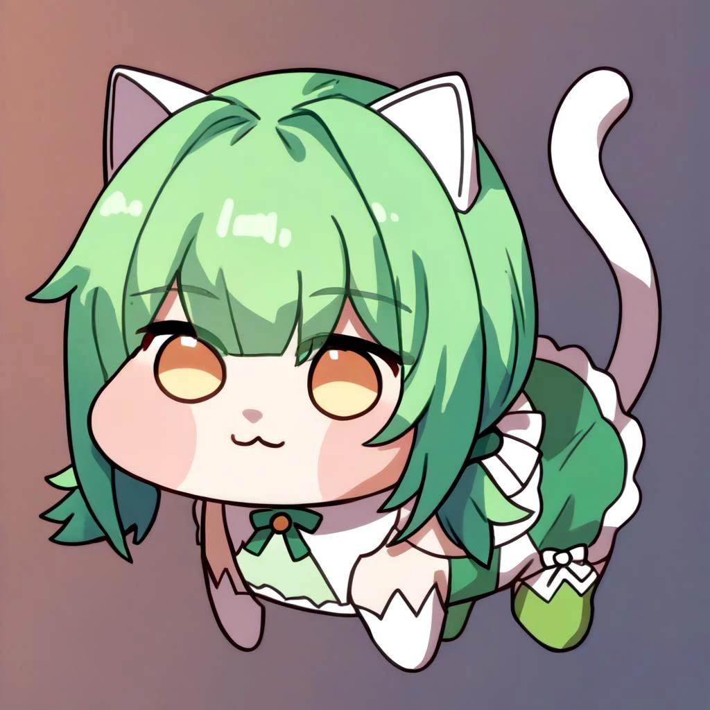 score_9, score_8_up, score_7_up, source_anime, doro, creature, chibi, :3, adchan, no humans, four legs, solid circle eyes, no pupils, white skin, green hair, cat ears, low twintails, white and green dress, elbow gloves, white gloves, green thighhighs, tail, <lora:androidchan-pdxl-nvwls-v1:0.8> <lora:Doro_X_PDXL_V1:1>