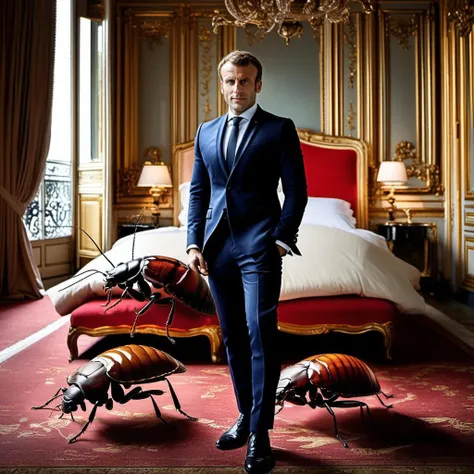 Macron1024, man in a suit petting a (giant bed bug),paris , photography, trending on artstation, sharp focus, studio photo, intricate details, highly detailed, by greg rutkowski <lora:Macron1024:0.6>