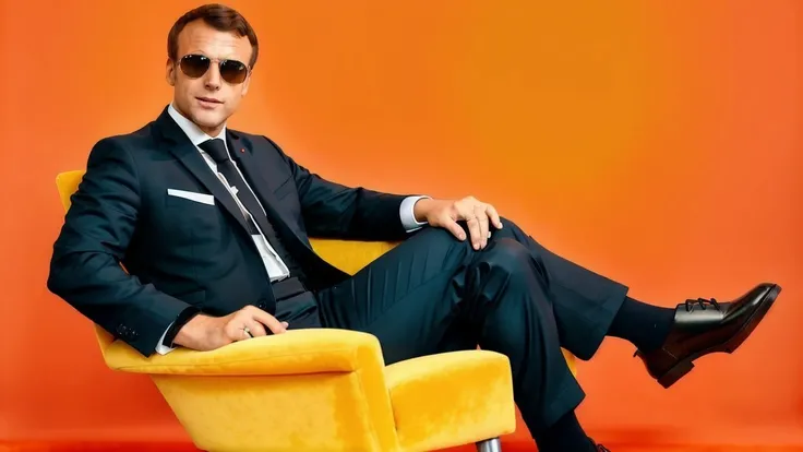 Macron768, a man in a suit and sunglasses sitting in a chair with a bright orange background and a yellow circle, photography, trending on artstation, sharp focus, studio photo, intricate details, highly detailed, by greg rutkowski <lora:Macron768:0.6>