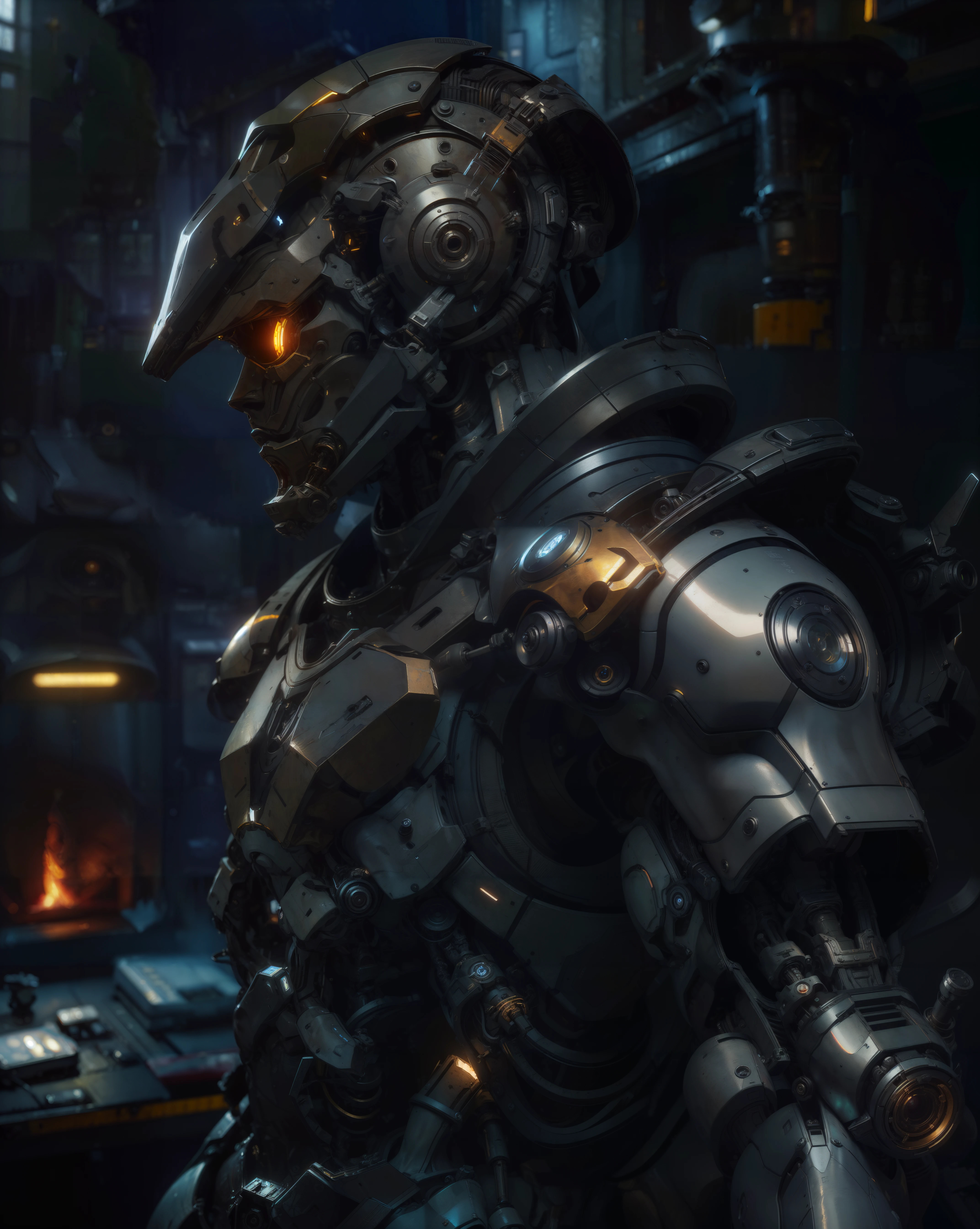 ((best quality)), ((masterpiece:1.2)), (extremely detailed:1.1), (8k, high quality, cinematic, hyper realistic, illustration), (autodesk maya, vray render, ray tracing, hdr), (DSLR, full frame, 16mm focal length, f/4 aperture, dynamic perspective, deep depth of field), (robotic soldier, brutal armor, heavy metal design, fear inducing mechanical gear, closed helmet), <lora:mshn:0.65> (mshn robot:0.65, mshn:0.35), <hypernet:dr0ne:1> (subdivision, cyber muscle, angular design, mechanical, carbon-fiber, high-tech, pistons, robotic frame, metal joints, rubber cables), <hypernet:LuisapSciFiHard:0.25> (scifi, hard surface, armor, metal bolts, robotic, industrial, structures, sub-d), <lora:epiNoiseoffset:0.5> (bloom, rim lighting, studio lighting, soft lighting, low key), <lora:Futuristicbot:0.25> futobot, <lora:3DBoosterHorrid:0.55>, <lora:OliDistrict-Medium:0.05>, <lora:hipoly3DModelLora:0.2> 3d, realistic