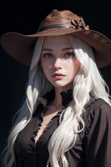(in the dark:1.6), Hyperrealist portrait of female by david hockney and alphonse mucha,fantasy art, photo realistic, dynamic lighting, artstation, poster, volumetric lighting, very detailed faces, 4 k, award winning,, 1girl, in the dark, deep shadow, low key,cowboy shot,(official clothing:1.4) ,long hair,white hair