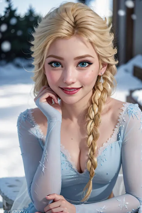 ElsaWaifu,1girl, (realistic:1.4), (pixiv:1.3), perfect illumination, distinct, (bishoujo:1.2), unreal engine, sidelighting, perfect face, detailed face,beautiful blue eyes, pretty face, (bright skin:1.2),smile,(full body), blonde hair, (snow landscape background), (depth of field),blue dress, single braid, <lora:Elsa_character-20:0.7>,looking at viewer, cleavage,heels