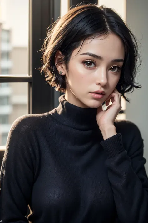 (masterpiece:1.3), (8k, photorealistic, RAW photo, best quality: 1.4), (1girl), beautiful face, (realistic face), (black hair, short hair:1.3), beautiful hairstyle, realistic eyes, beautiful detailed eyes, (realistic skin), beautiful skin, (navy blue sweater), absurdres, attractive, ultra high res, ultra realistic, highly detailed, golden ratio, dark, rim lighting