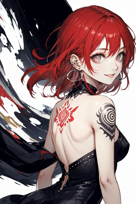 1girl,solo,slit pupils,Vertical pupil,(seductive smile:1.1),(Red hair:1.3),monochrome,long hair,clean face,from behind,looking back,looking at viewer,upper body,arm tattoo,back,piercing,lips,jewelry,earrings,
