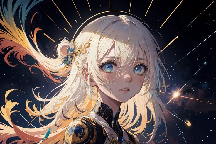 ((masterpiece)),((best quality)),8k,high detailed,ultra-detailed,concept art,character design,1girl,celestial being,(constellation markings),long flowing hair,dramatic pose,close up,galactic background,cool color palette,capturing a sense of mystery and power,