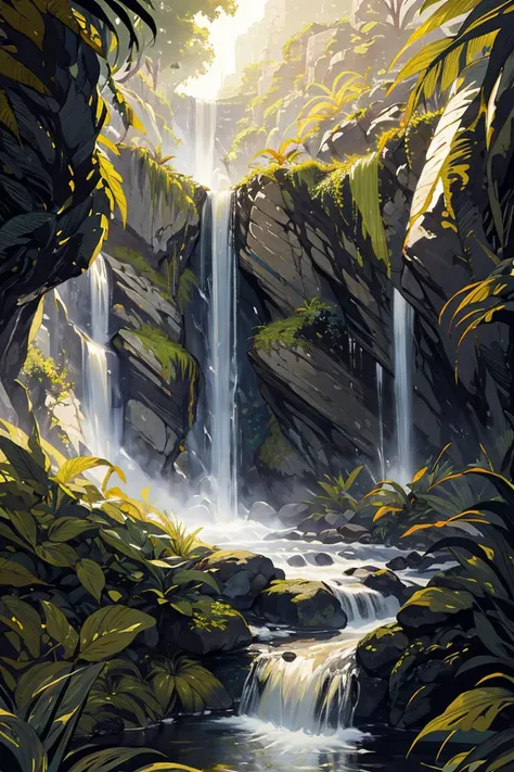 ((masterpiece)),((best quality)),8k,high detailed,ultra-detailed,pixel art,animated,waterfall,lush jungle foliage,multiple layers of parallax,natural color palette,dappled lighting,subtle animation,creating an immersive naturalistic scene,