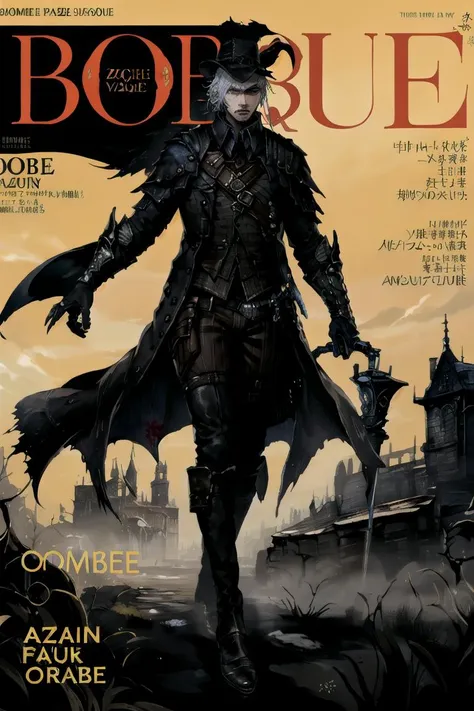 Bloodborne,(magazine cover:1.4),english text,(Text:"Bloodborne":1.2),(Subtitle:1.2),Clear text,logo,vogue \(magazine\),subtitled,red writing,(simple background:1.2),1girl,solo,emaciated,boney,(look at viewer:1.2),<lora:Bloodborne:0.5:style>,