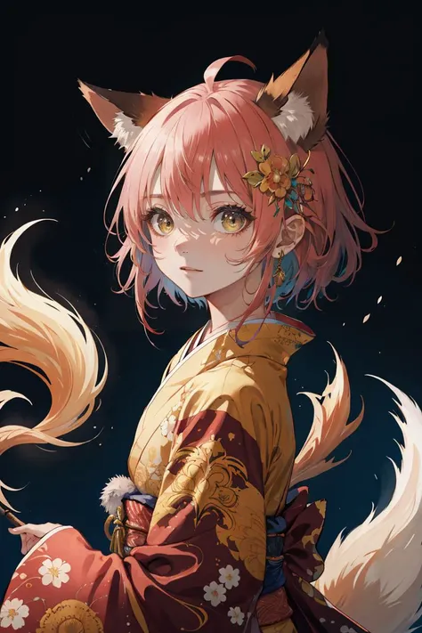 ((masterpiece)),((best quality)),8k,high detailed,ultra-detailed,illustration,fantasy,1girl,fox ears,long bushy tail,ornate kimono,serene expression with a hint of mischief,natural lighting,warm color palette,capturing innocence mixed with cunning,