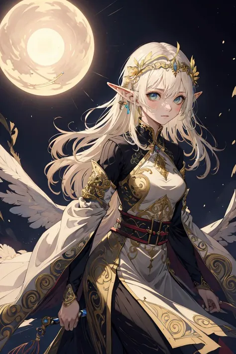 ((masterpiece)),((best quality)),8k,high detailed,ultra-detailed,illustration,fantasy,1girl,elf,long pointed ears,ornate circlet,long flowing hair,serene expression,natural lighting,vibrant color palette,capturing a sense of grace and mysticism,