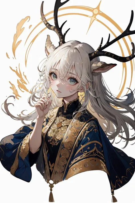 ((masterpiece)),((best quality)),8k,high detailed,ultra-detailed,illustration,whimsical,1girl,long hair,ram horns,serene expression,decorated antlers,close up,minimal background,golden lighting,warm color palette,capturing a vision of innocence and mysticism,