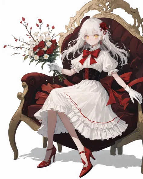 best quality, masterpiece, extremely detailed, detailed background, best quality, masterpiece, extremely detailed, detailed background, 1girl, dress, flower, long hair, ribbon, white dress, white background, red ribbon, hair ornament, rose, bow, crown, red footwear, solo, gloves, jewelry, white gloves, red flower, white flower, red bow, earrings, hair flower, frills, frilled dress, simple background, food, bouquet, looking at viewer, white hair, high heels, yellow eyes, bird, fruit, red rose, cup, blush, bangs, close up