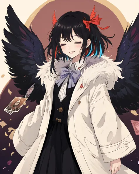 (masterpiece:1.1), closed eyes, best quality, 1girl,solo string hair ribbon, red hair, ((head wings)), black hair, multicolored hair, blush, fur trim, fur-trimmed coat, smile, coat, purple hair, long hair, bangs, closed mouth, bow, white coat, ribbon, two-tone hair, upper body, white bow, hair ornament,arms behind back,(card),(tarot),