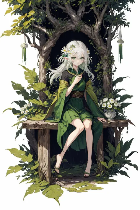 (masterpiece,best quality,illustration,official art:1.05),(tachi-e:1.12),full body,sitting,looking at viewer,solo,1girl,elf girl,long hair,green hair,[green|blue] eyes,dress,white hair flower,hair ornament,(age8),(child),wind,leaf,tree,forest,