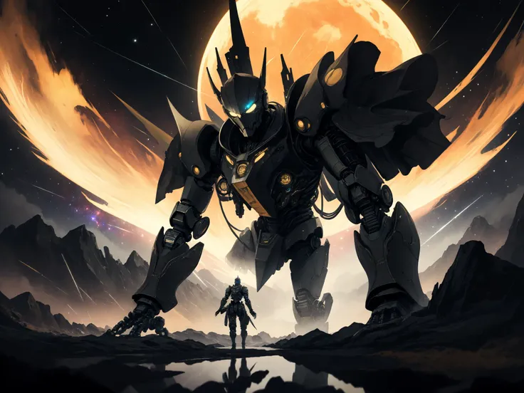 masterpiece, best quality, 8k, fantasy, robot giant, mecha style, black gold, ultra detailed, ambient light, volumetric lighting, (dark night:1.4) galaxy, reflection of light, reflective lighting, sharp focus, battle pose, legendary armor, megastructure, engine, mechanical (intricated detail:0.7), full body shot,