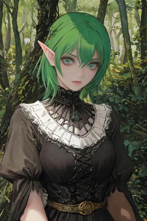 photography of a gothic elf, upper body, green hair, perfect eyes, intricate details, forest, realism,